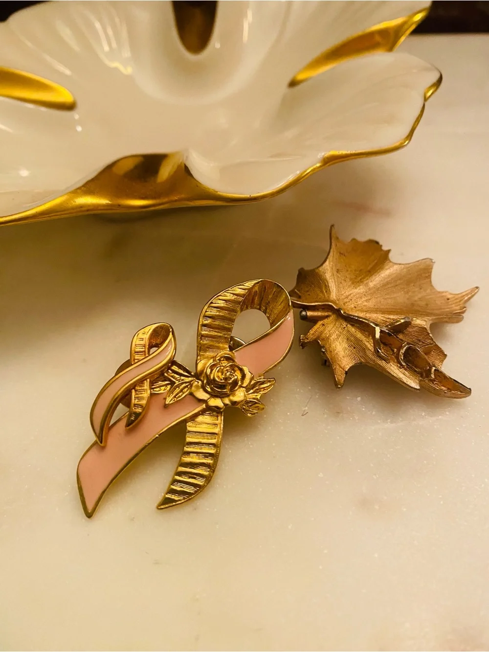 Bundle of Gold-Tone Vintage Brooches – Pink Ribbon, Pink Ribbon & Rose, & Leaf